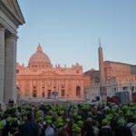 Image of the fluro green hats at St Peters Square, Rome